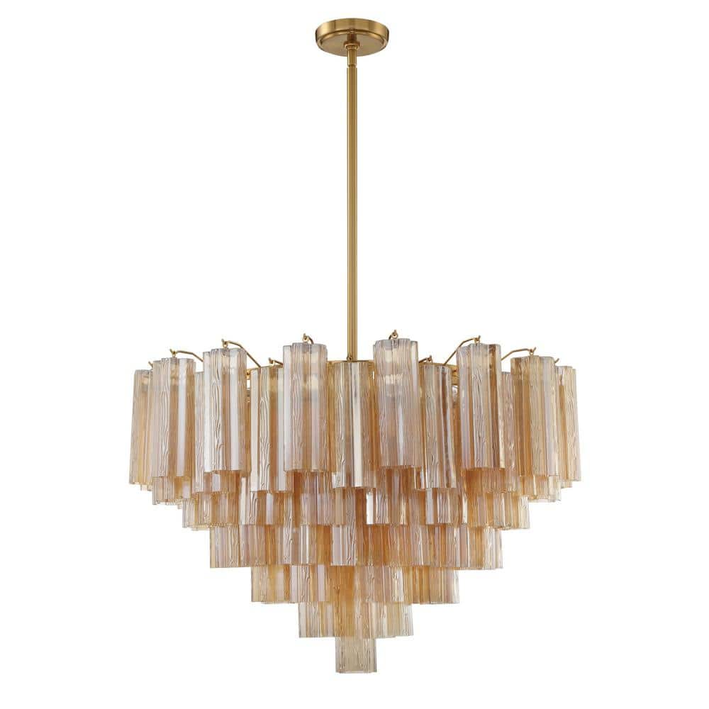 Aged Brass and Amber Glass 16-Light Chandelier