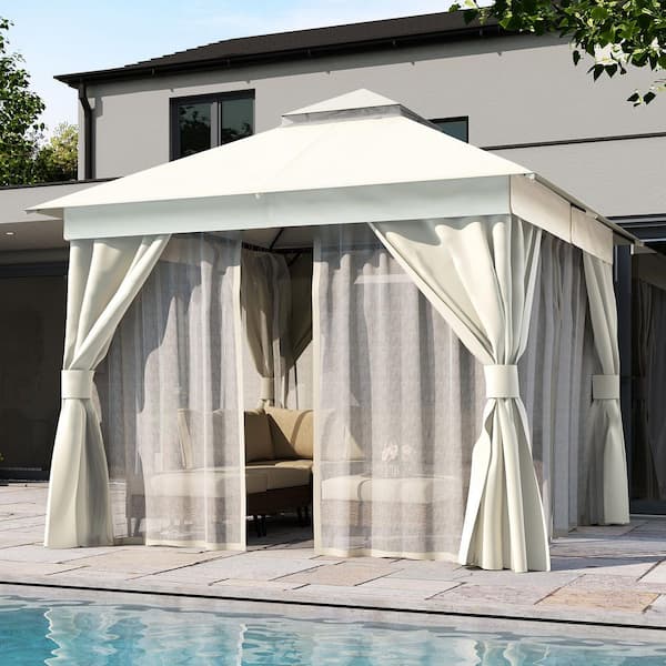 10 ft. x 10 ft. Beige Outdoor Patio Gazebo with Double Roof, Nettings and Privacy Screens