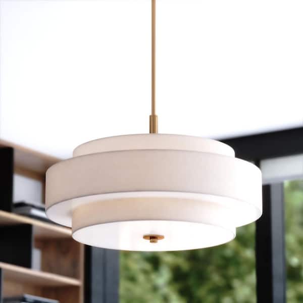 Brentwood 60-Watt 5-Light 24 in. Wide Sunset Gold Mid-Century Modern Drum Pendant, White Linen Fabric Shade