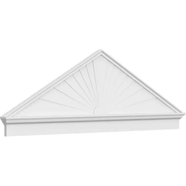 Ekena Millwork 84 in. W x 27-7/8 in. H x 2-3/4 in. P Pitch 6/12 Peaked Cap Sunburst Signature Urethane Combination Pediment Primed Tan