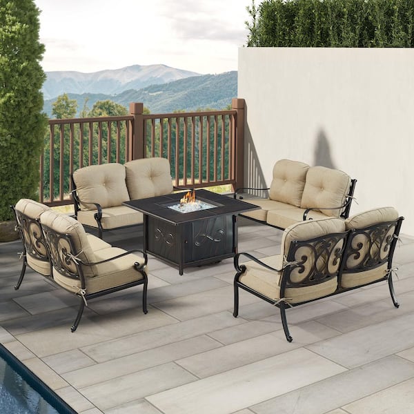 Oakland Living Black Aluminum Fire Table Set with 4-Deep Seating Loveseats