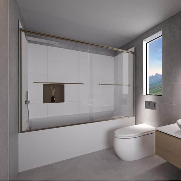 NuVo Winter White-Rainier 60 in. L x 32 in. W x 83 in. H Rectangular Tub/ Shower Combo Unit in Brushed Nickel Left Drain