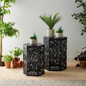 19.25 in. Black Iron Floral Pattern Hexagonal Garden Stool/ Planter Stand/ Accent Table Kits and Accessories (2-pack)