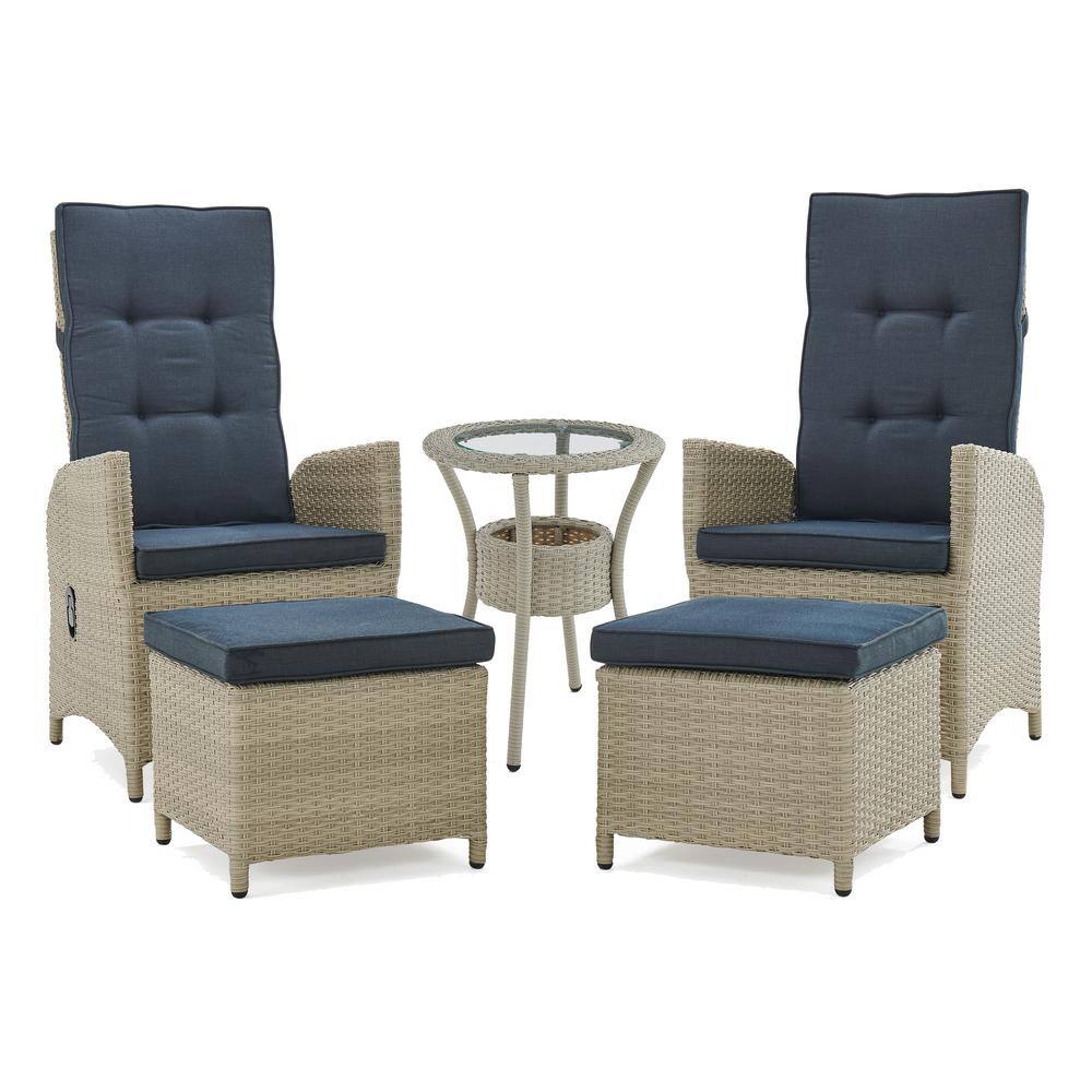 Haven 5-Piece Gray Wicker Recliner Set with Blue Cushions
