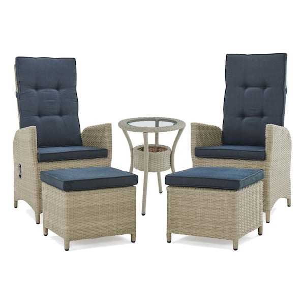 Alaterre Furniture Haven All-Weather Wicker Set of 2-Outdoor Recliners with 2-Ottomans and Round Glass Top Accent Table