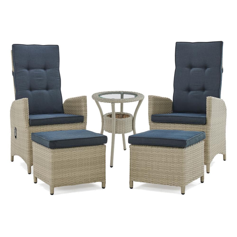 Haven 5-Piece Gray Wicker Recliner Set with Blue Cushions