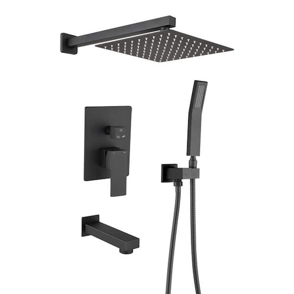 PROOX 2-Handle 3-Spray Wall Mount Tub and Shower Faucet with 10" Rain Shower Head in Matte Black (Valve Included)