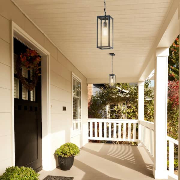 Hurley 6 in. 1-Light Modern Matte Black Outdoor Hanging Pendant Light with Clear Glass Shade