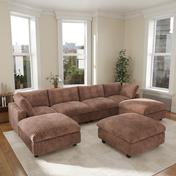 J&E Home 157.48 in. Square Arm 7-Piece Rabbit Velvet Plush Modular Free Combination Sectional Sofa with Ottoman in Brown