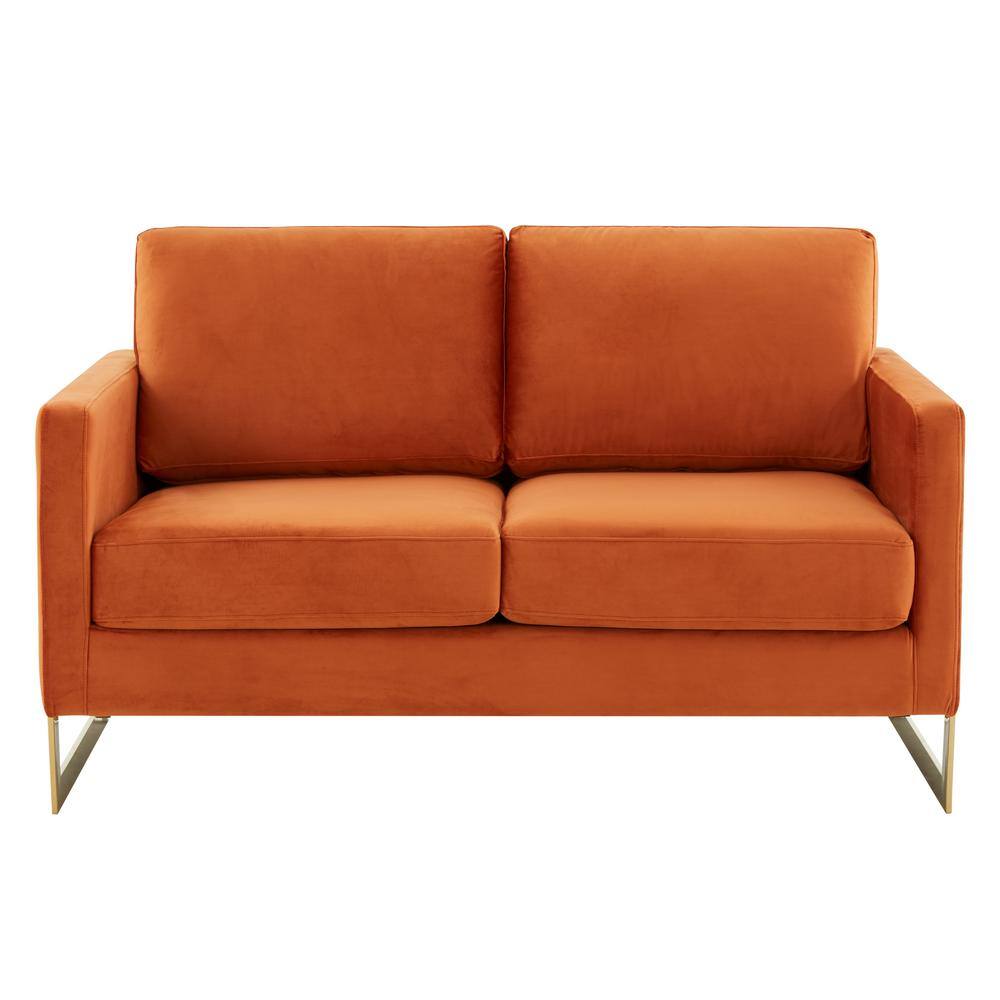 Elegant Orange Velvet Loveseat with Gold Metal Legs