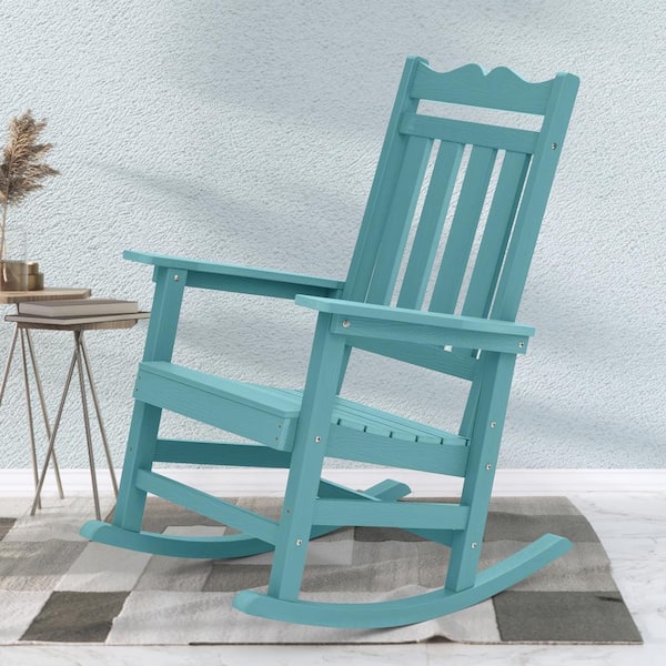 Sonkuki Lake Blue Plastic Adirondack Rocking Chair with Big Armrest Weather Resistant, Fire Pit Outdoor Rocking Chair