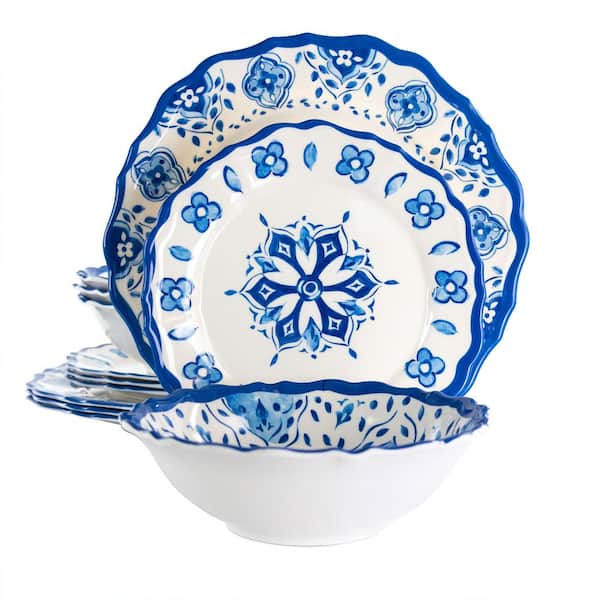 Elama 12-Piece Blue Garden Scalloped Melamine Dinnerware Set (Service for 4)