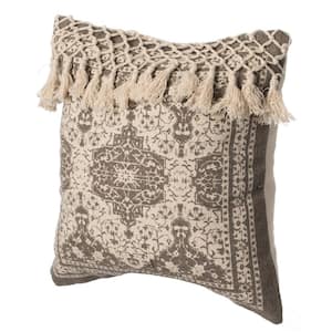 16 in. x 16 in. Beige Handwoven Cotton Throw Pillow Cover with Traditional Pattern and Tasseled Top with Filler
