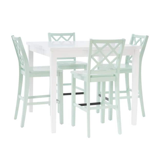 Linon Home Decor Mori 5-Piece Square White and Mint Green Wood Top Counter Dining Room Set Seats 4