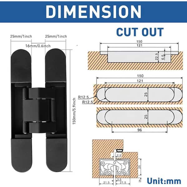 Afoxsos Zinc Alloy Black 6 in. Hidden Invisible Door Hinge 180