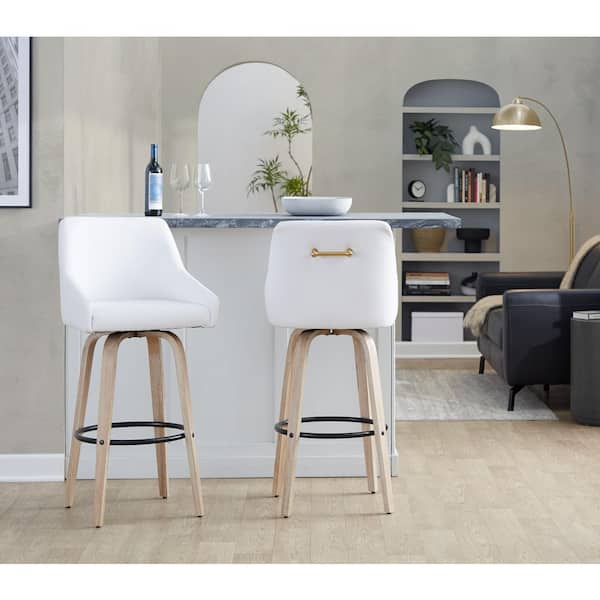 Hannah 43 in. White Faux Leather, White Washed Wood, and Black Metal Fixed-Height Bar Stool (Set of 2)