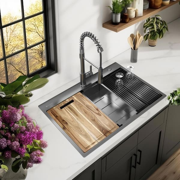 30 in Drop-In Single Bowl 18 Gauge Gunmetal Black Stainless Steel Workstation Kitchen Sink with Black Spring Neck Faucet