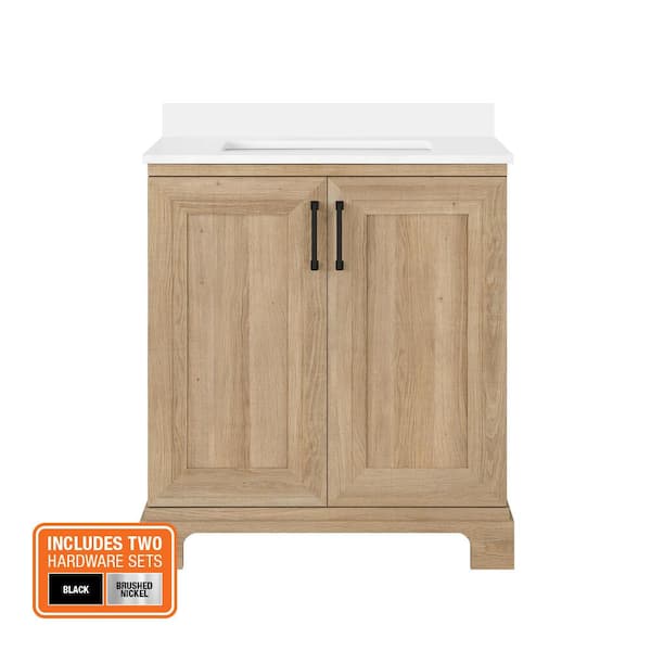 Sinita 30 in. Single Sink Weathered Tan Bath Vanity with White Engineered Stone Top (Assembled)