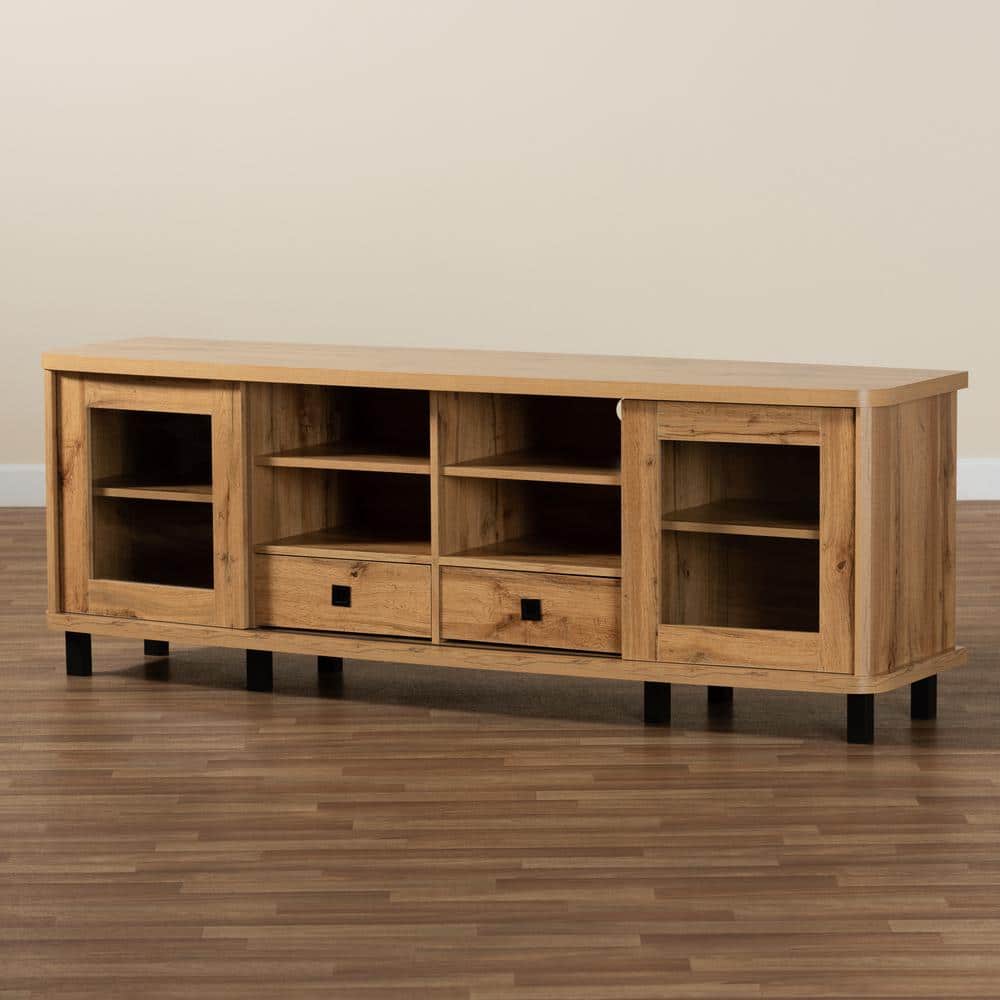 Oak Brown Wood TV Stand with Glass Doors and Drawers