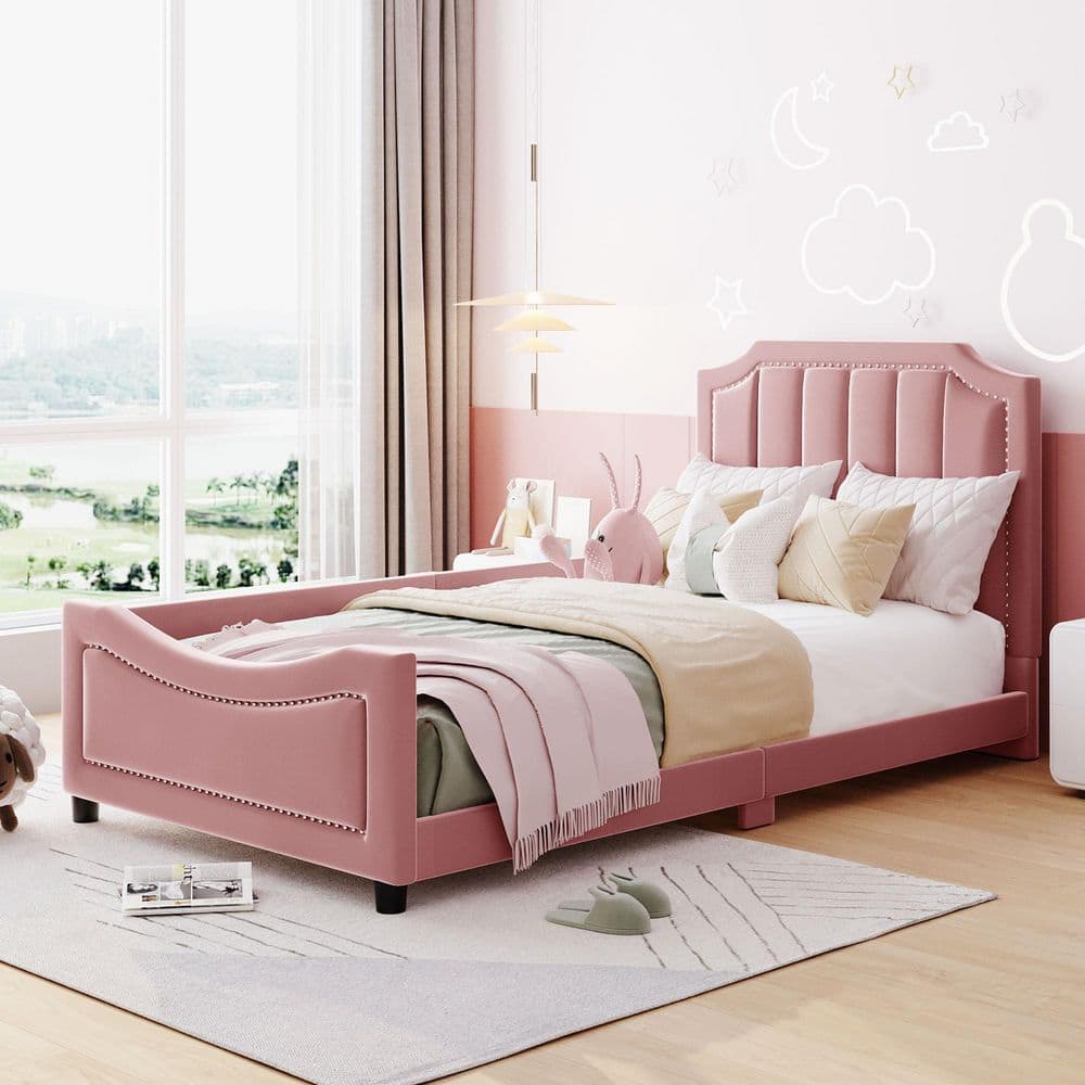 Pink Wood Frame Twin Size Upholstered Platform Bed with Classic Stripe Shaped Headboard price history on PriceWatchPro