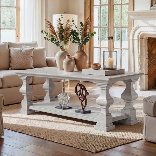 Homsee 46.2 in. White Oak Rectangle Pine Solid Wood Coffee Table