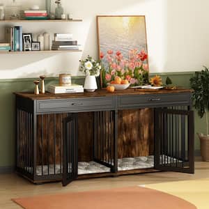 Furniture Style Dog Crates, Large Wooden Pet Kennels with Drawers and Divider, Heavy Duty Dog Cage, Black and Tiger Skin