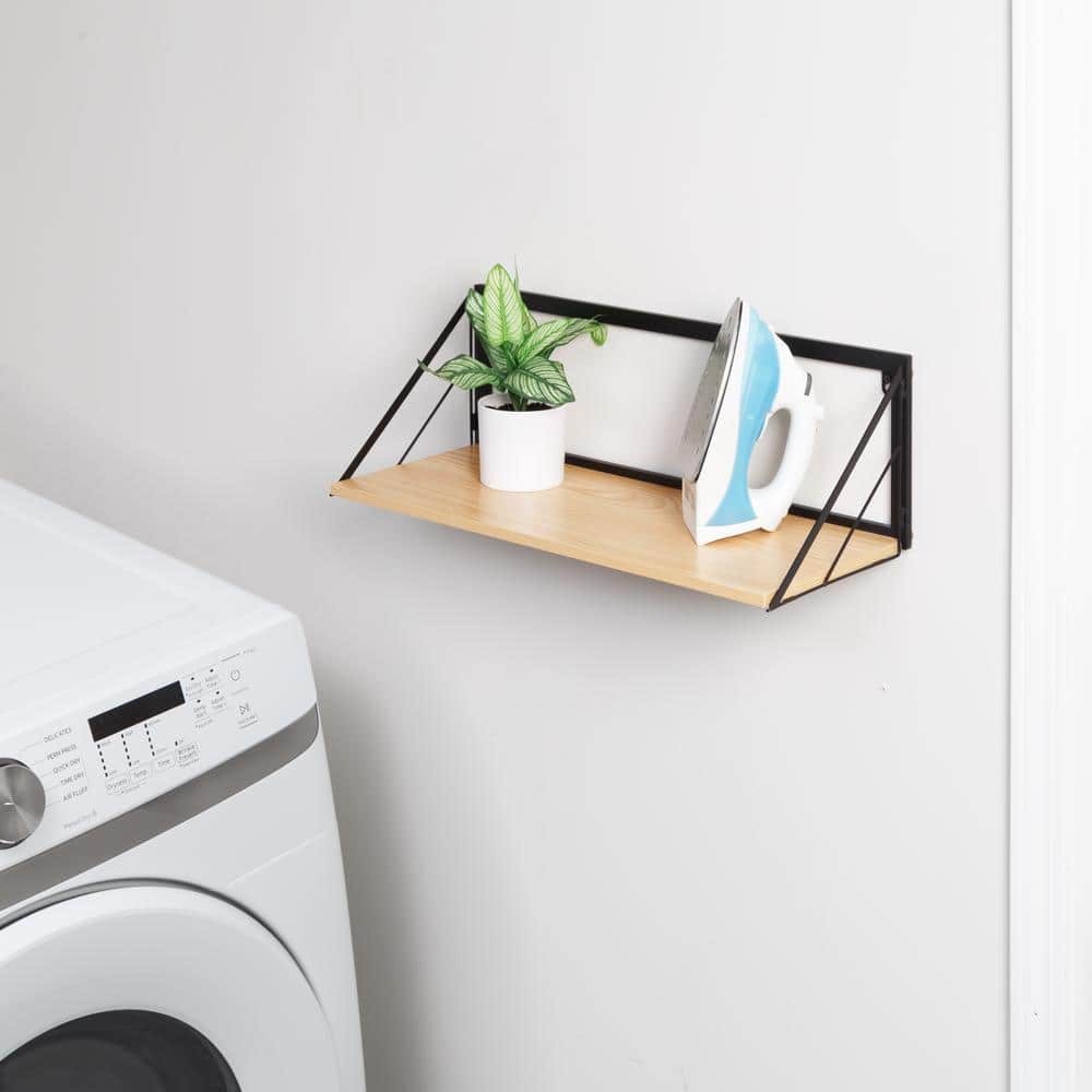 Black and Natural Wood Industrial Wall Shelf