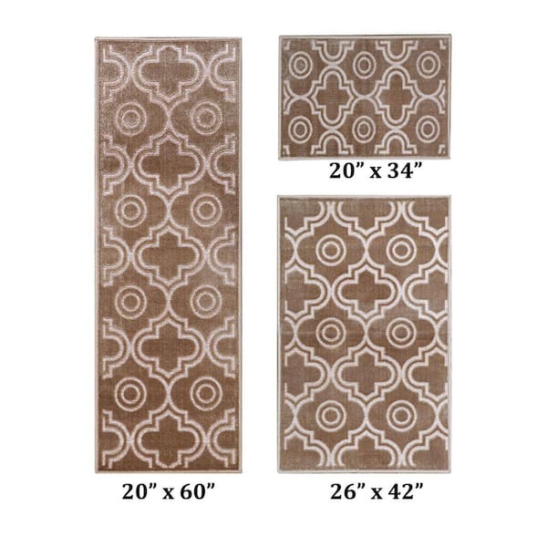 Better Trends Arya Collection Taupe Polyester  (20 in. x 60 in. : 26 in. x 42 in. : 20 in. x 34 in.) 3 Piece Area Rug Set