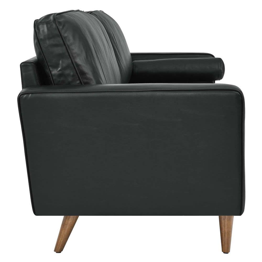 Luxurious 88" Black Leather Tufted Sofa with Walnut Wood Legs and Ottoman