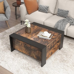 36.5 in. Black And Walnut Square Sliding Wood Top Coffee Table with Hidden Compartment Extendable Cocktail Tea Table