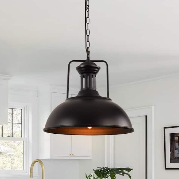 Potlid 1-Light 16 in.W Matte Black Dome Industrial Farmhouse Pendant Light Barn Hanging Light Kitchen Dining Light