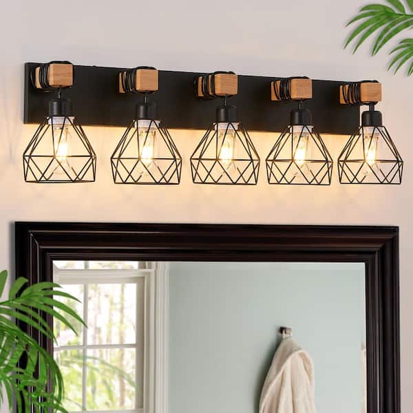 GMGSROM 35 in. 5-Light Black Vanity Light with Wood Accents and Geometric Metal Cage Shade