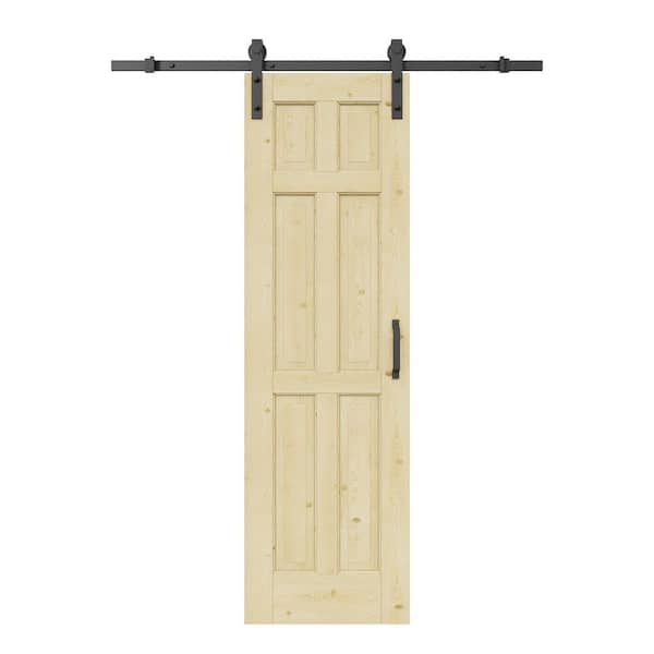 24 in. x 80 in. 6-Panel Unfinished Solid Core Pine Wood Sliding Barn Door with Hardware Kit