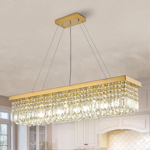 Pacific Core Modern 8-Lights Gold Rectangular Raindrop Crystal Chandelier Pendant Lighting for Dining Room Kitchen Island