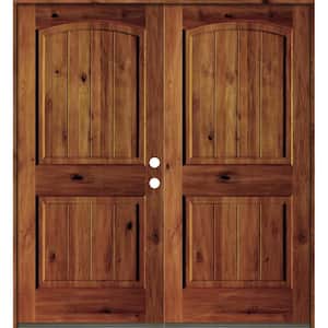 60 in. x 80 in. Rustic Knotty Alder Arch Top Red Chestnut Stain/V-Groove Left-Hand Wood Double Prehung Front Door
