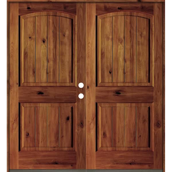 Krosswood Doors 60 in. x 80 in. Rustic Knotty Alder Arch Top Red Chestnut Stain/V-Groove Left-Hand Wood Double Prehung Front Door