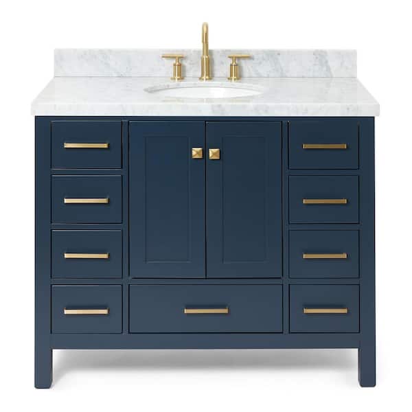 Cambridge 42 in. Single Sink Freestanding Bathroom Vanity in Midnight Blue with Carrara White Marble Top