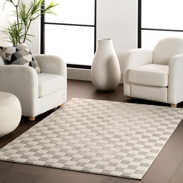 Alaiya Checkered Machine Washable Cream 3 ft. x 5 ft. Modern Area Rug