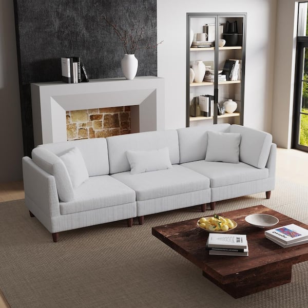 Uixe 120.5 in. Straight Arm 3-Piece Corduroy Upholstered 3-Seater Sectional Sofa in Sea Salt Gray