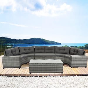 8-Piece Wicker Rattan Outdoor Patio Conversation Sectional Curved Sofa Set with Gray Cushions