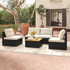 5 -Pieces Wicker Furniture Patio Conversation Set with Off White Cushions and Square Coffee Table