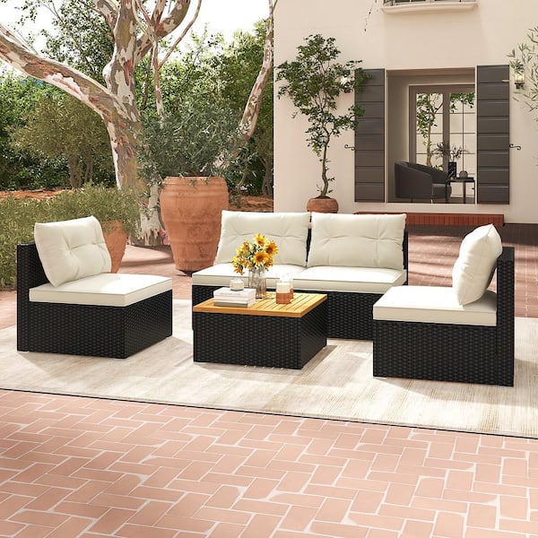 Gymax 5 -Pieces Wicker Furniture Patio Conversation Set with Off White Cushions and Square Coffee Table