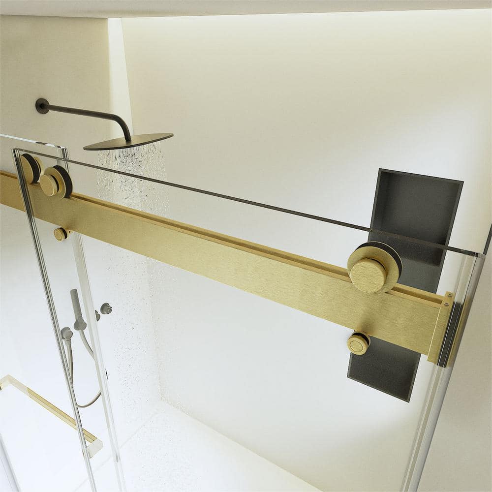 Brushed Gold Frameless Double Sliding Shower Door with Clear Glass