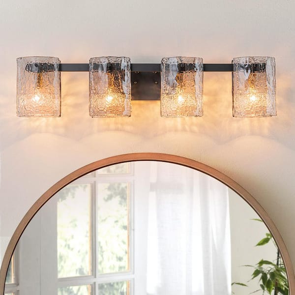 Michael 33 in. 4-Light Modern Black Vanity Light with Textured Glass