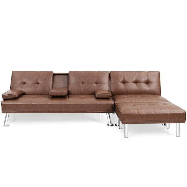 Gymax 66 in. 3-Piece Sectional Sofa Set Armless 4-Seater Convertible Futon with Single Sofa and Ottoman Brown