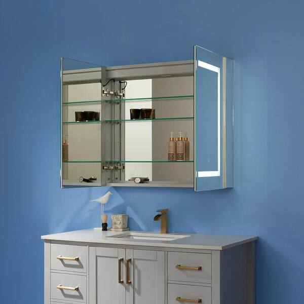 Sassari 48 in. W x 32 in. L Rectangular Surface-Mount LED Glass Surface Mount Medicine Cabinet with Mirror in Silver Sassari 48 in. W x 32 in. L Rectangular Surface-Mount LED Glass Surface Mount Medicine Cabinet with Mirror in Silver