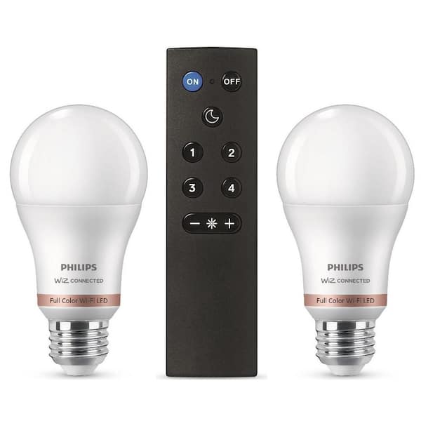 Philips 60-Watt Equivalent A19 LED Smart Wi-Fi Color Changing Light powered by WiZ & Remote (2-Pack) 562702 - The Home Depot