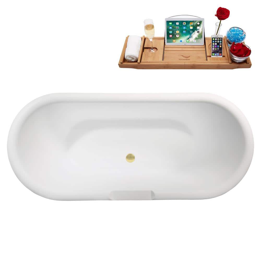 67" Matte White Acrylic Freestanding Soaking Tub with Polished Brass Trim