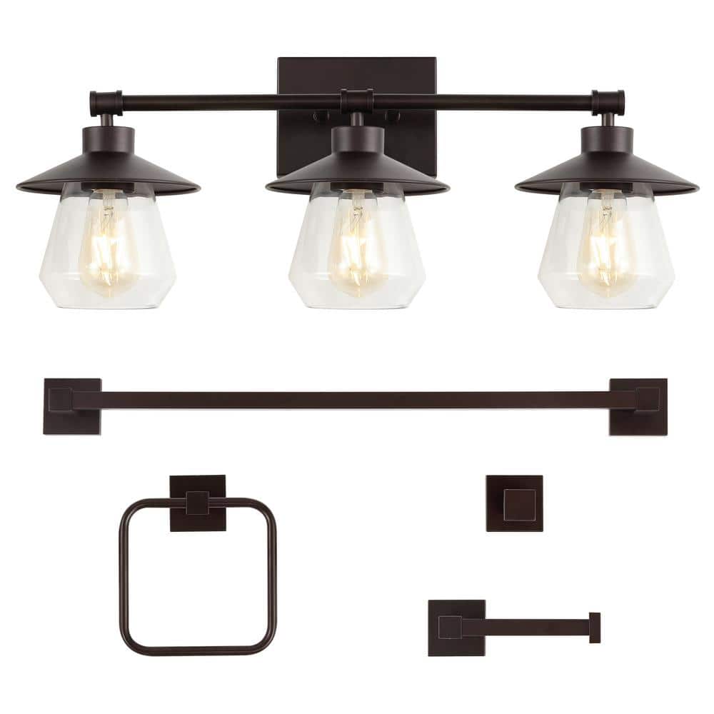 JONATHAN Y Avalon 26 in. 3-Light Farmhouse Cottage Vanity Light with Bathroom Hardware Accessory ...