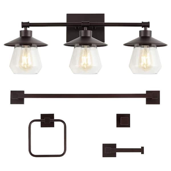 JONATHAN Y Avalon 26 in. 3-Light Farmhouse Cottage Vanity Light with Bathroom Hardware Accessory Set, Oil Rubbed Bronze (5-Piece)